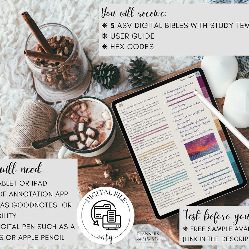 ASV Digital Bible for Goodnotes etc with study templates, Digital Journaling Bible for Samsung notes etc