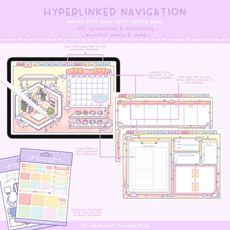 THE COZY PLANNER, Digital Planner, Kawaii Digital Planner, Cute Digital Planner, Digital Planner Cute, Cute Planner, 2024 Digital Planner