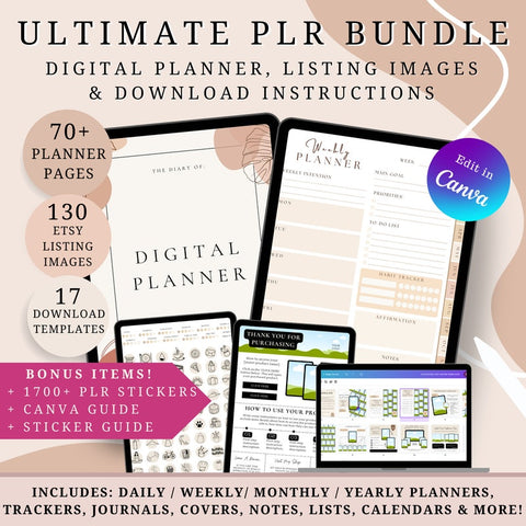 PLR Digital Product Bundle – PLR Digital Planner, 130 Etsy Listing Mockups & Digital Download Instructions Templates – Commercial Use