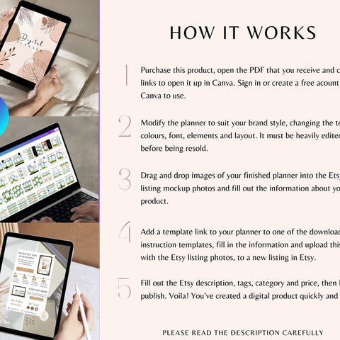 PLR Digital Product Bundle – PLR Digital Planner, 130 Etsy Listing Mockups & Digital Download Instructions Templates – Commercial Use