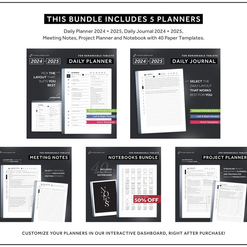 ReMarkable 2 Templates Bundle, Daily Planner, Daily Journal 2024, 2025, Meeting Notes, Project Planner, Notebook