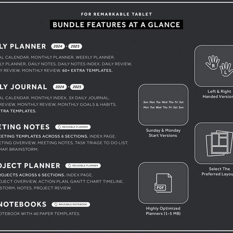 ReMarkable 2 Templates Bundle, Daily Planner, Daily Journal 2024, 2025, Meeting Notes, Project Planner, Notebook