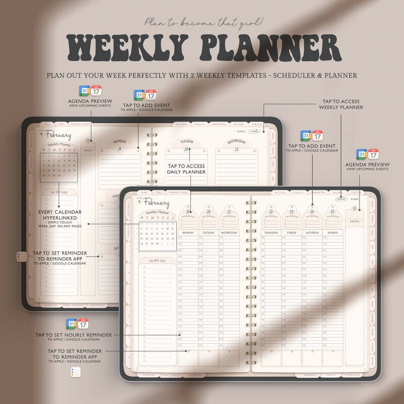 2024 / 2025 That Girl Digital Planner with links to Apple Calendar Google Calendar, Goodnotes Planner Digital 2024 / 2025 Planner Bundle