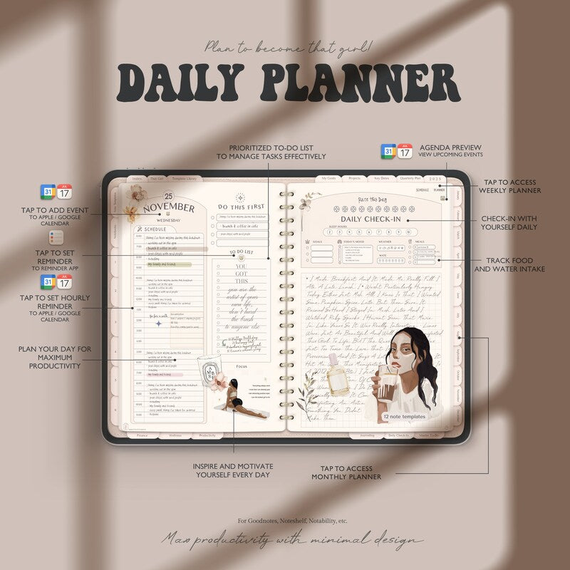 2024 / 2025 That Girl Digital Planner with links to Apple Calendar Google Calendar, Goodnotes Planner Digital 2024 / 2025 Planner Bundle