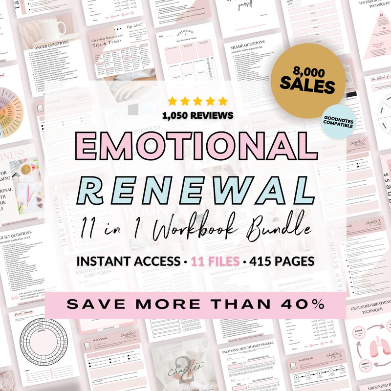 Emotional Renewal 11-in-1 Bundle Digital Downloads, Mental Health Journal Prompts, Emotional Intelligence Workbook, Feelings Journal PDF